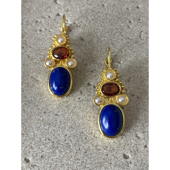 The Unbranded Brand Jewelry - Gold Tone Cobalt Blue Dangle Earrings Cabochon Red Faux Pearl Leverback